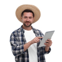 Farmer using tablet on white background. Harvesting season