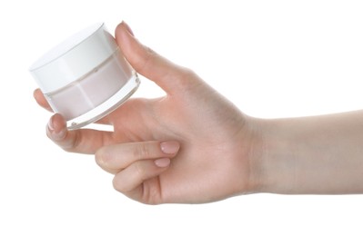 Photo of Woman with jar of cream isolated on white, closeup