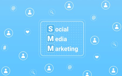 Illustration of Abbreviation SMM (Social media marketing) on light blue background, illustration