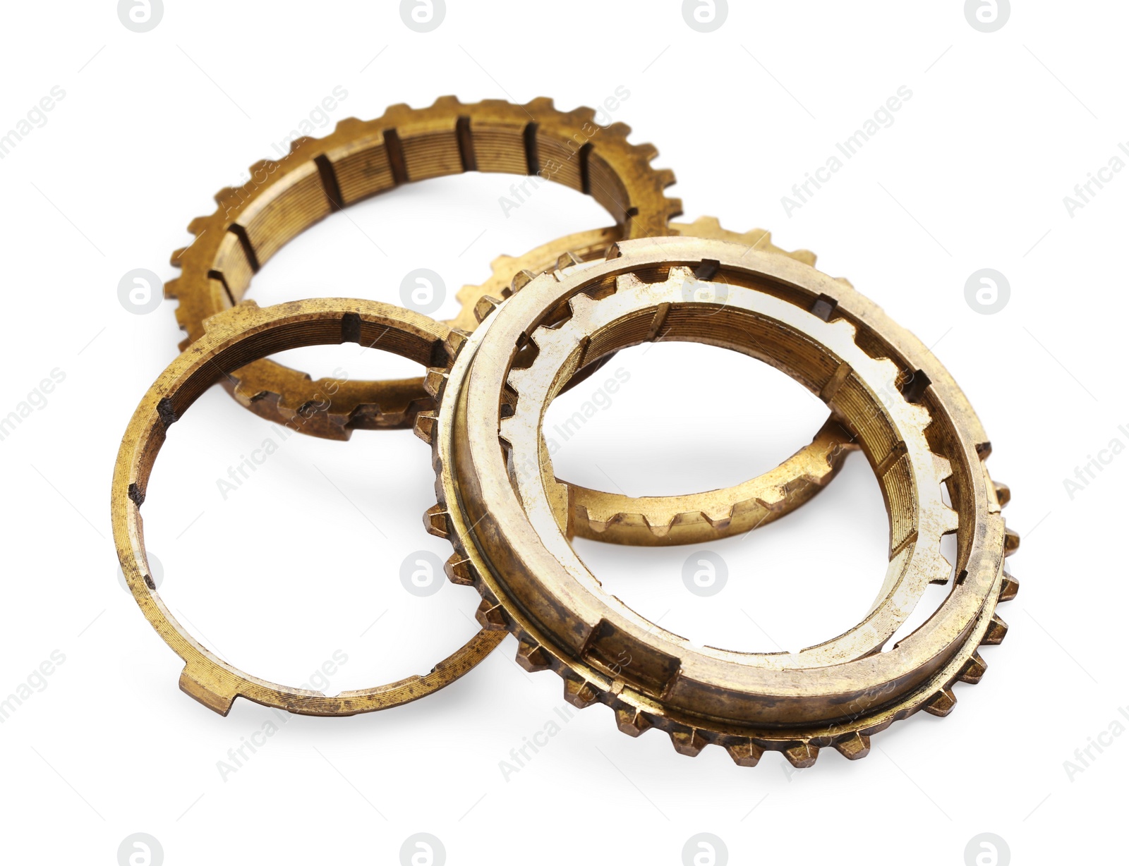 Photo of New stainless steel gears on white background