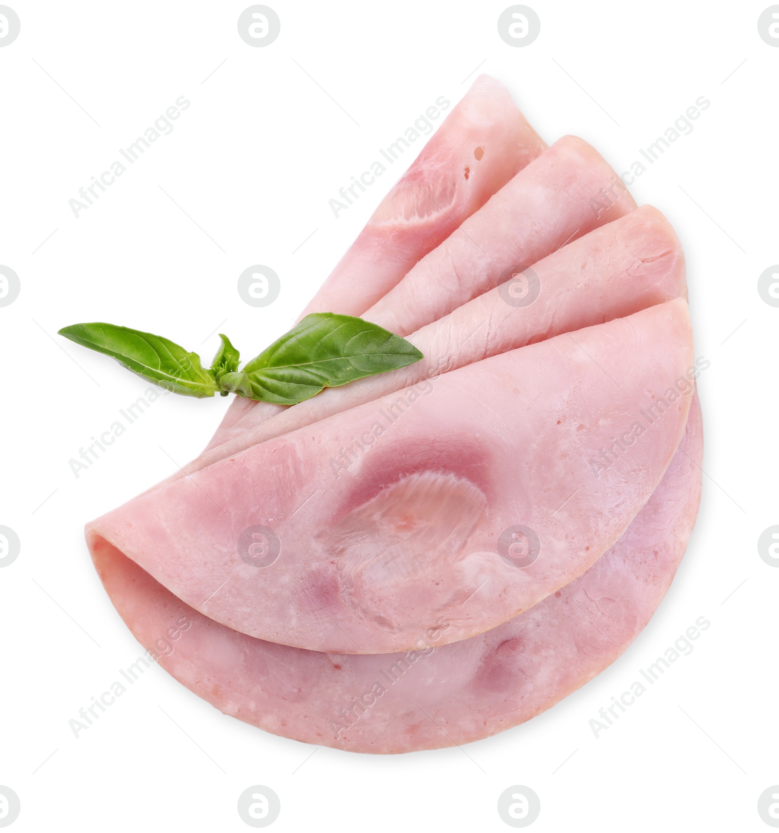 Photo of Slices of tasty ham and basil isolated on white, top view