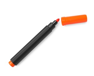 Photo of Bright orange marker isolated on white, top view. School stationery