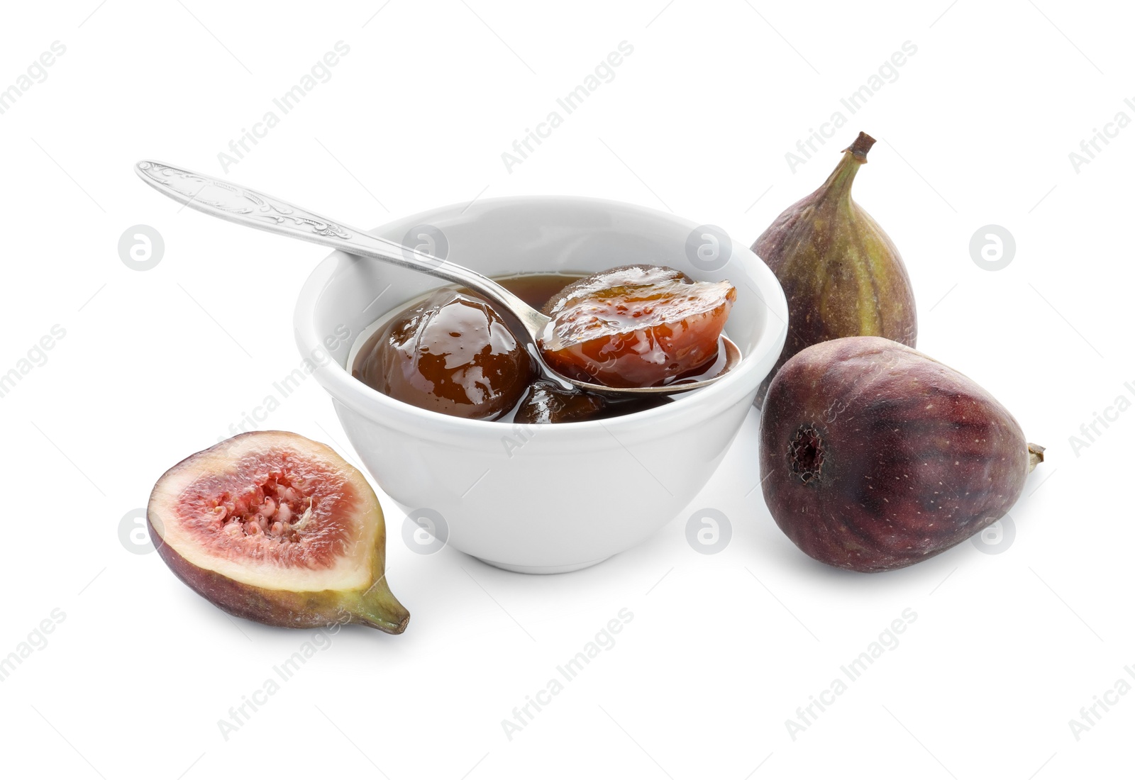 Photo of Bowl of tasty sweet jam and fresh figs isolated on white