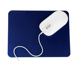 Photo of Modern wired optical mouse and blue pad isolated on white, top view