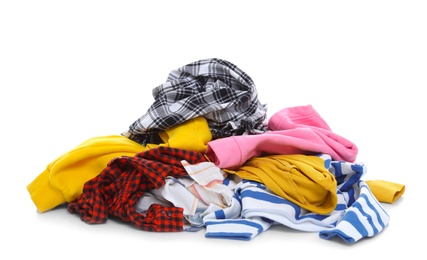 Photo of Pile of dirty clothes on white background