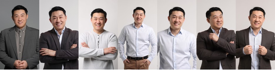Collage with photos of Asian man on different color backgrounds