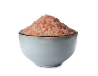 Pink himalayan salt in bowl isolated on white
