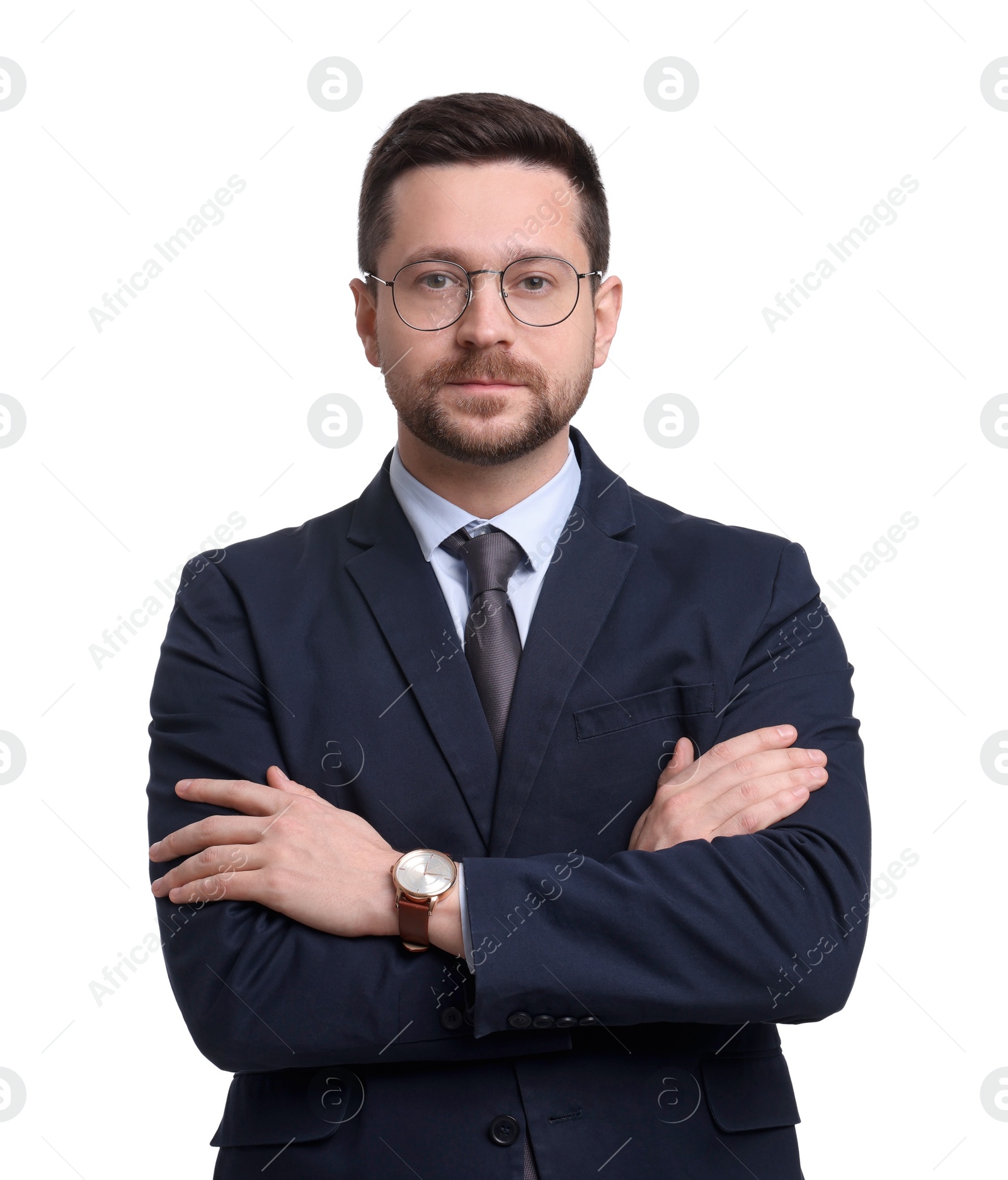 Photo of Handsome bearded businessman in suit on white background