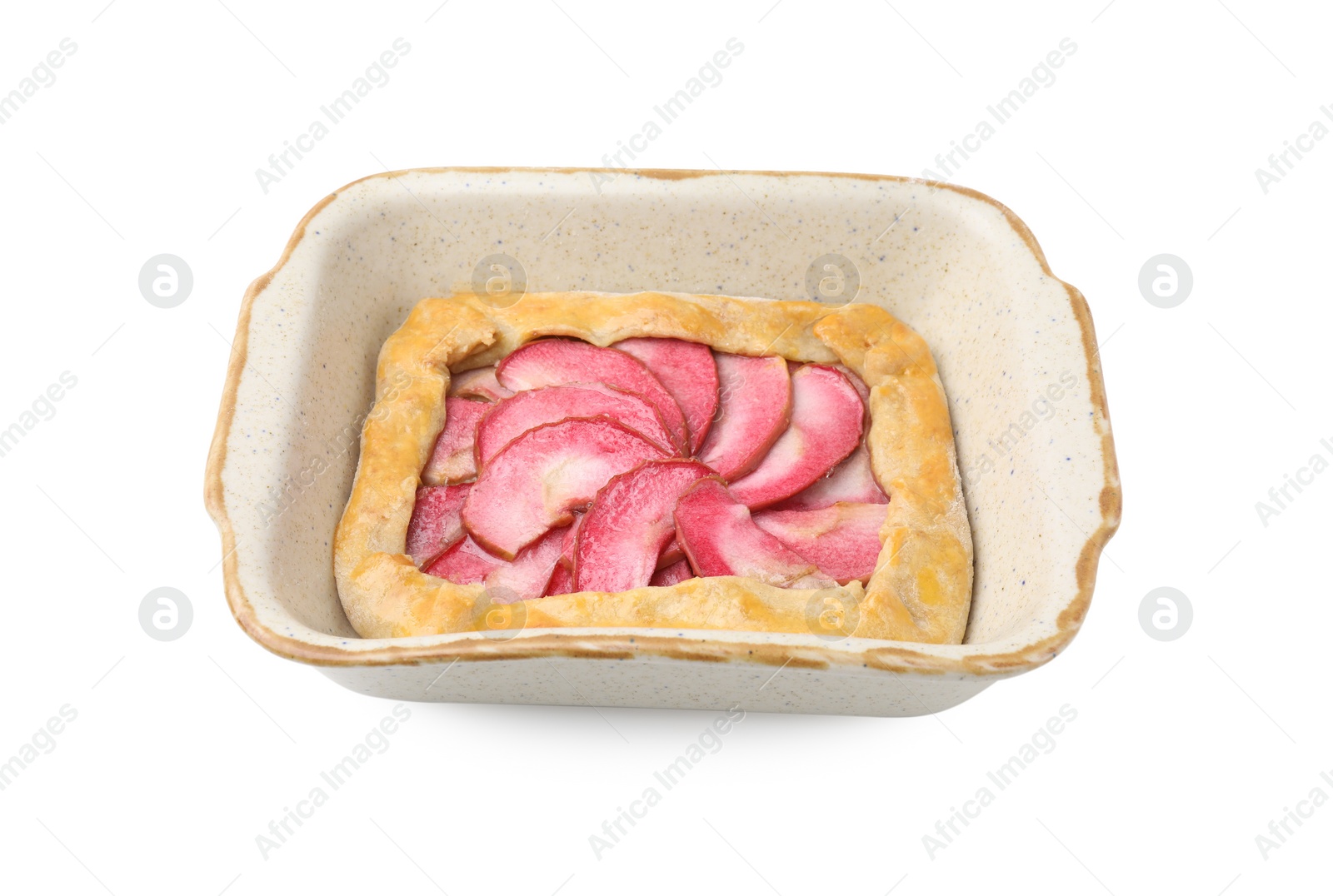 Photo of Delicious galette with apples isolated on white