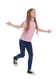 Photo of Full length portrait of happy girl running on white background