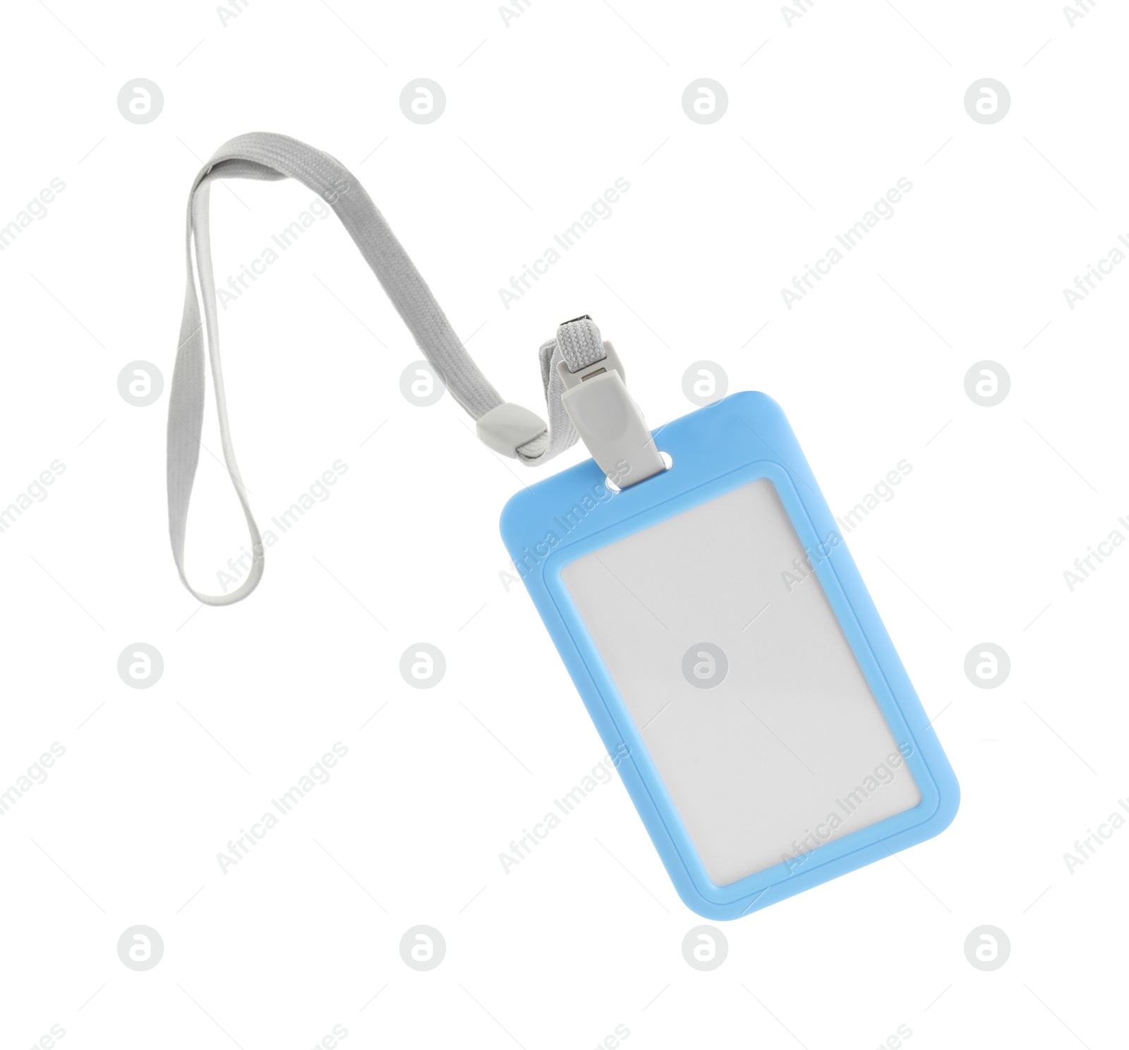 Photo of Blank light blue badge with string isolated on white