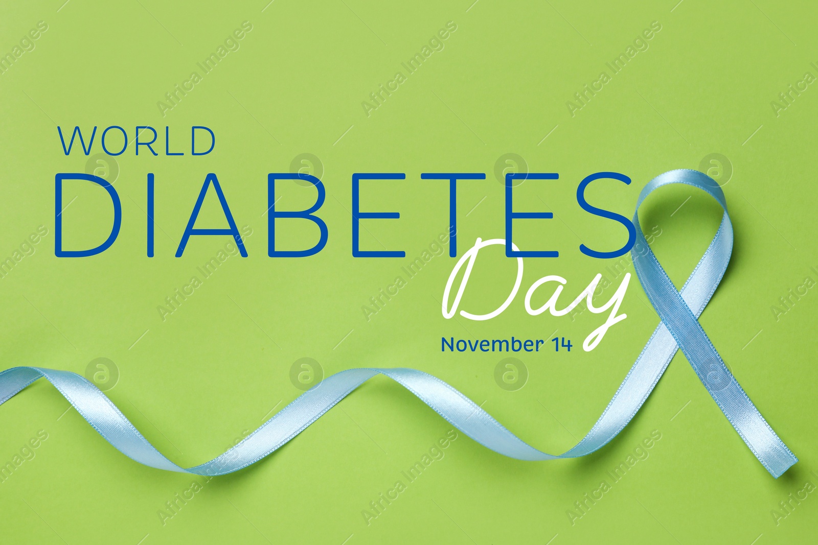 Image of World Diabetes Day. Light blue ribbon on green background, top view