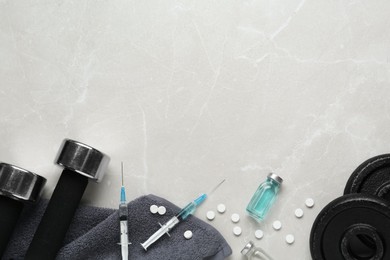 Photo of Different drugs and sports equipment on grey background, flat lay with space for text. Doping control