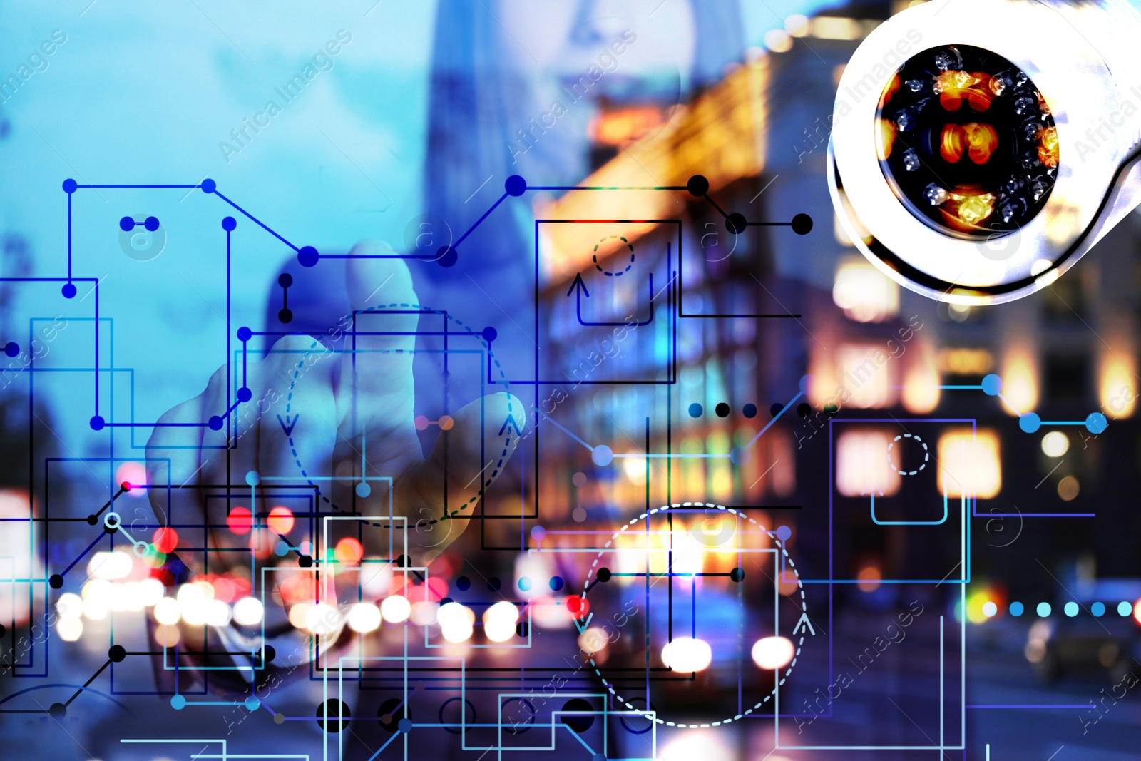 Image of Multiple exposure of young woman, cctv camera and city at evening