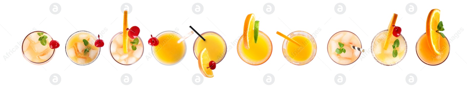 Image of Set of Tequila Sunrise cocktails on white background, top view. Banner design