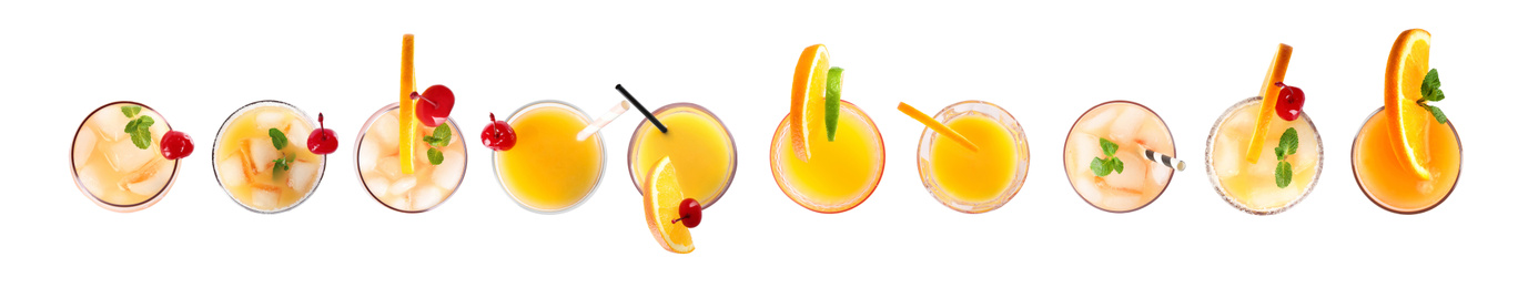 Image of Set of Tequila Sunrise cocktails on white background, top view. Banner design