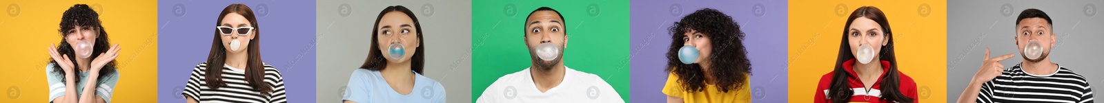 Image of People blowing bubble gums on color backgrounds, set of photos