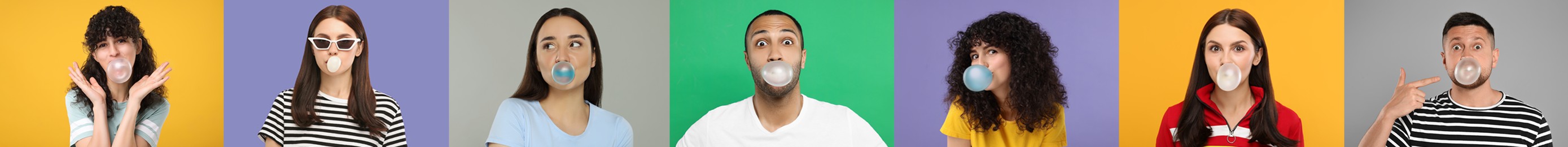 Image of People blowing bubble gums on color backgrounds, set of photos