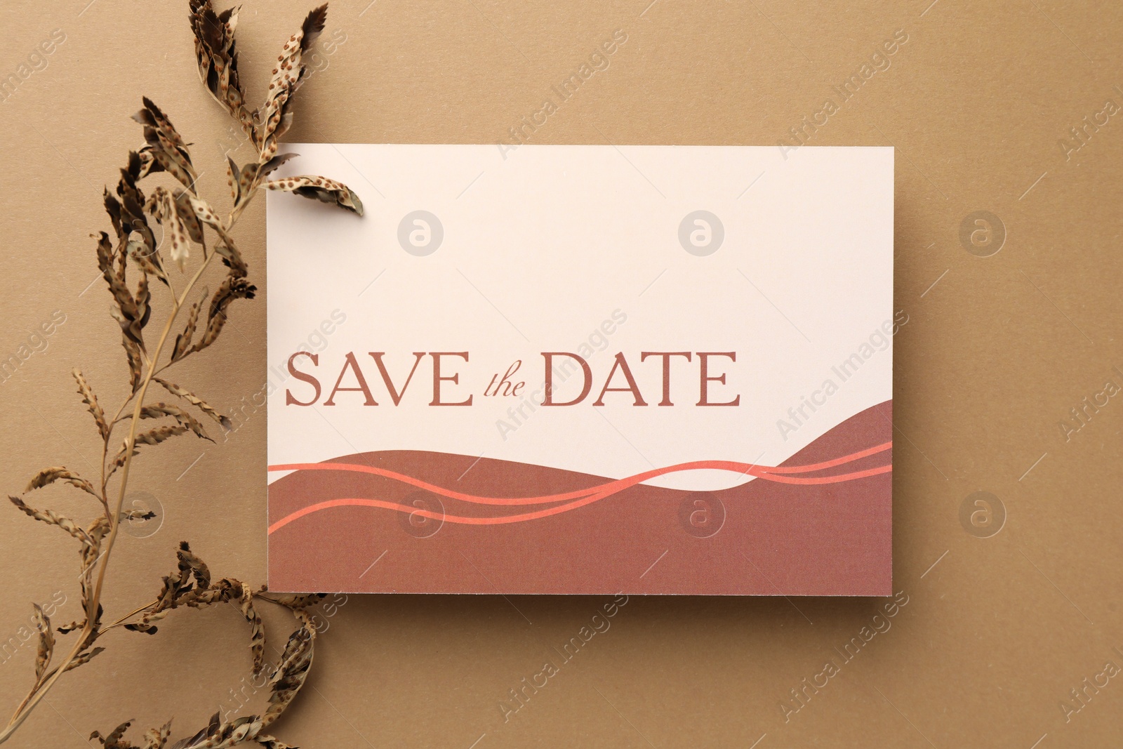 Photo of Beautiful card with Save the Date phrase and dry branch on beige background, top view