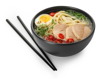 Photo of Delicious ramen with meat in bowl and chopsticks isolated on white. Noodle soup