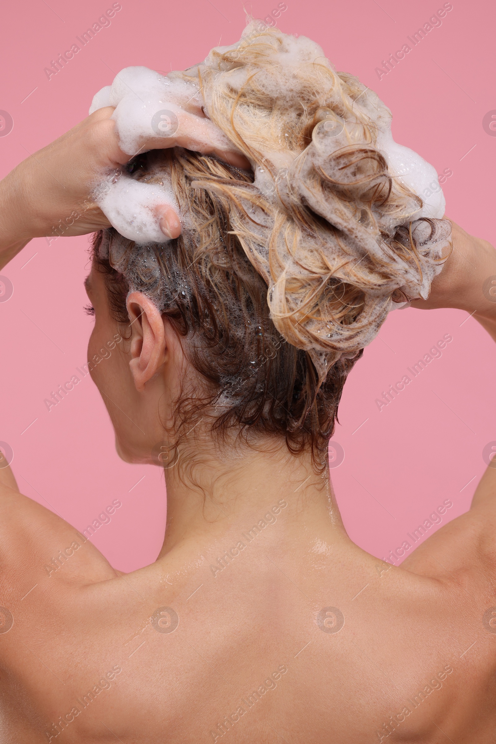 Photo of Woman washing hair on pink background, back view