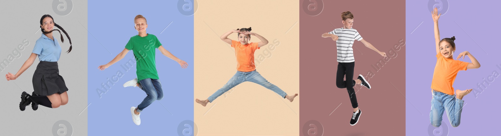 Image of Group of children jumping on color backgrounds, set of photos