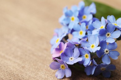 Photo of Beautiful blue Forget-me-not flowers on wooden table, closeup. Space for text