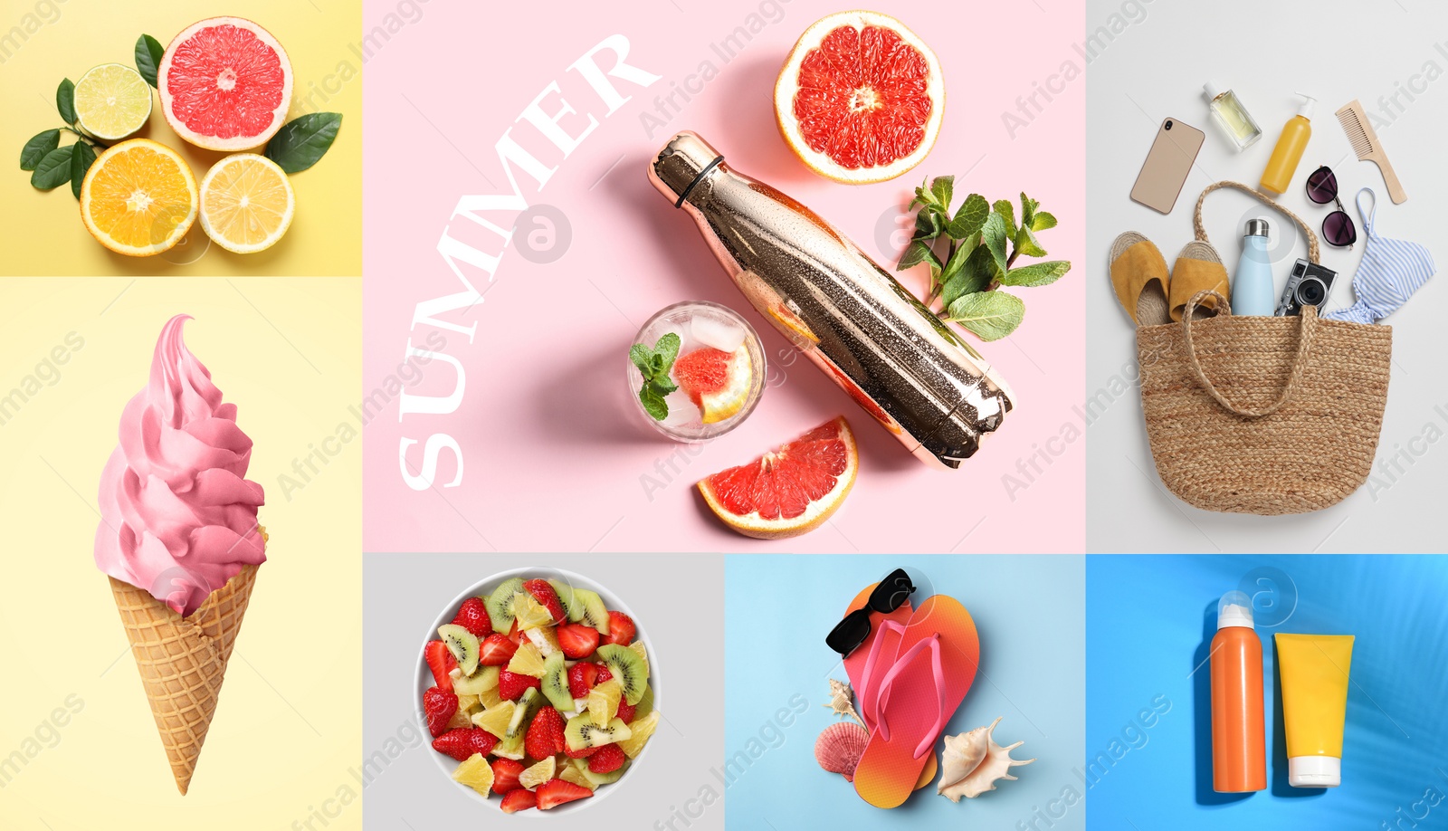 Image of Collage with ice cream, drink, fruits and beach accessories. Summertime, banner design