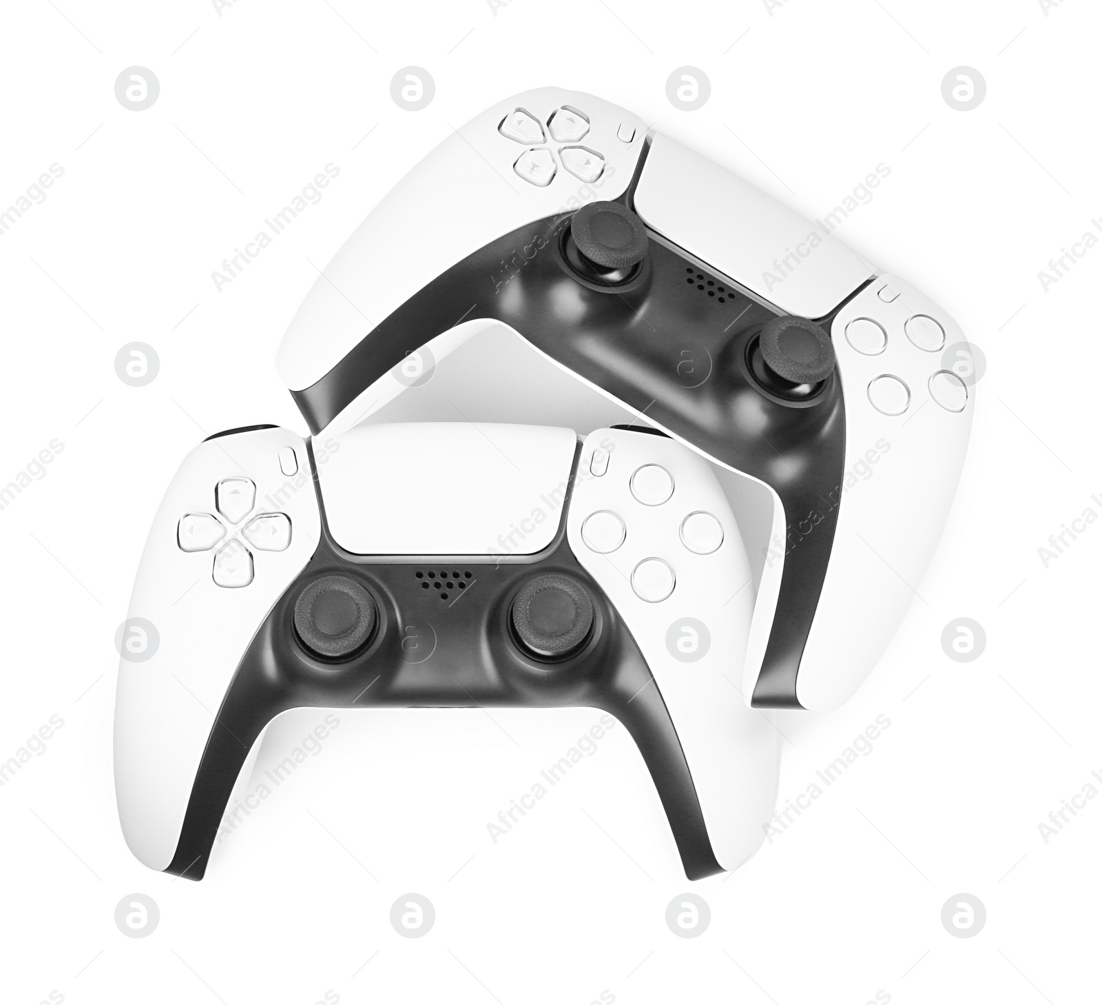 Photo of Two wireless game controllers isolated on white, top view