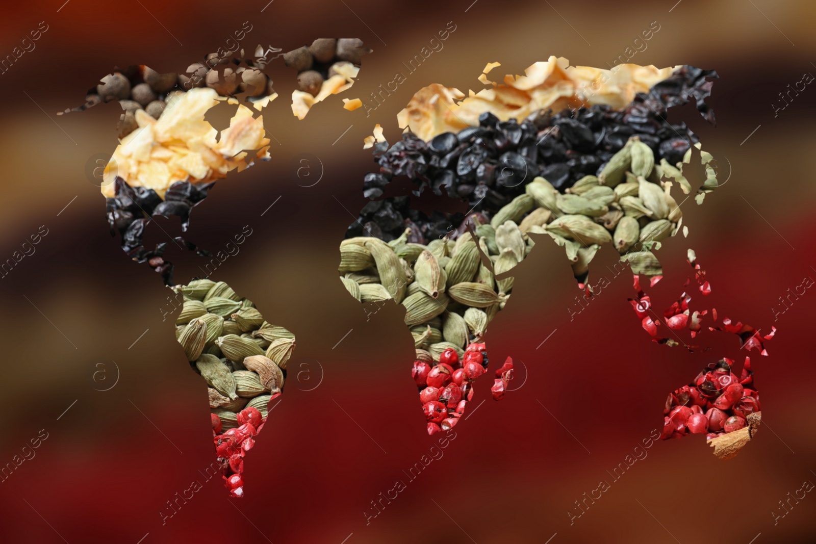 Image of Double exposure of world map and different spices on blurred background. Logistic and wholesale concept