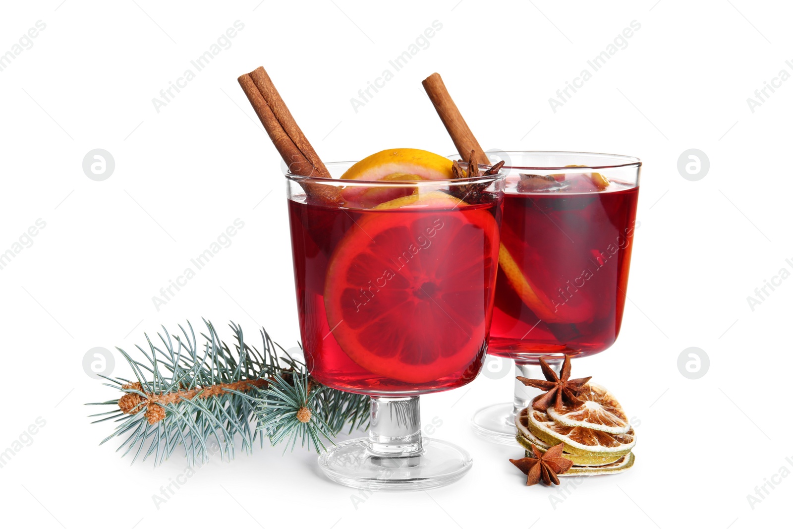 Photo of Glasses with red mulled wine on white background