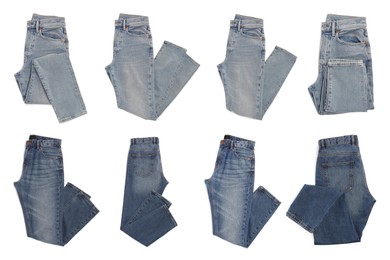 Set with different jeans on white background, top view