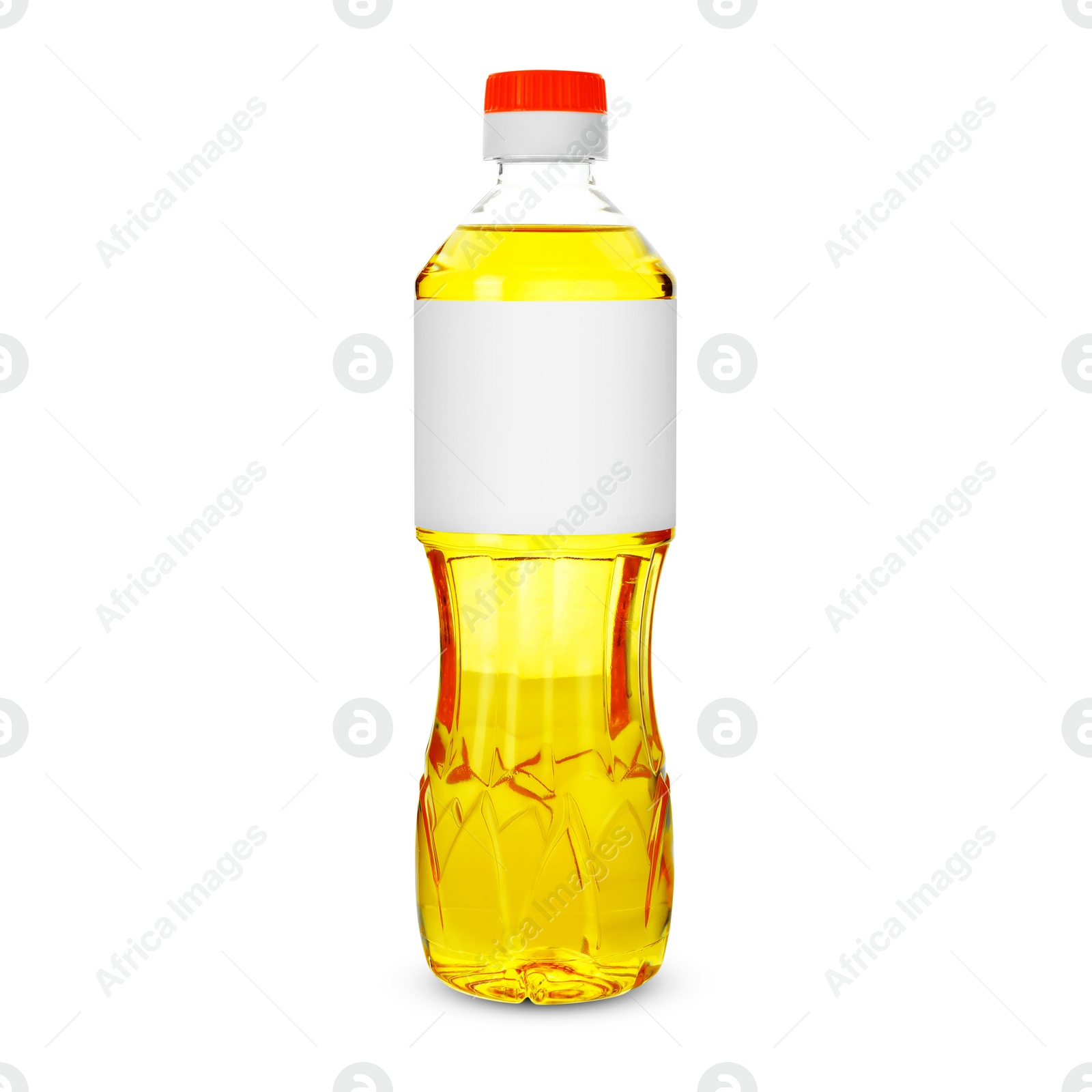 Image of Cooking oil in plastic bottle with empty label isolated on white. Mockup for design