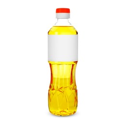 Image of Cooking oil in plastic bottle with empty label isolated on white. Mockup for design