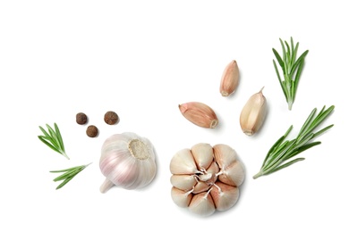 Photo of Flat lay composition with garlic on light background