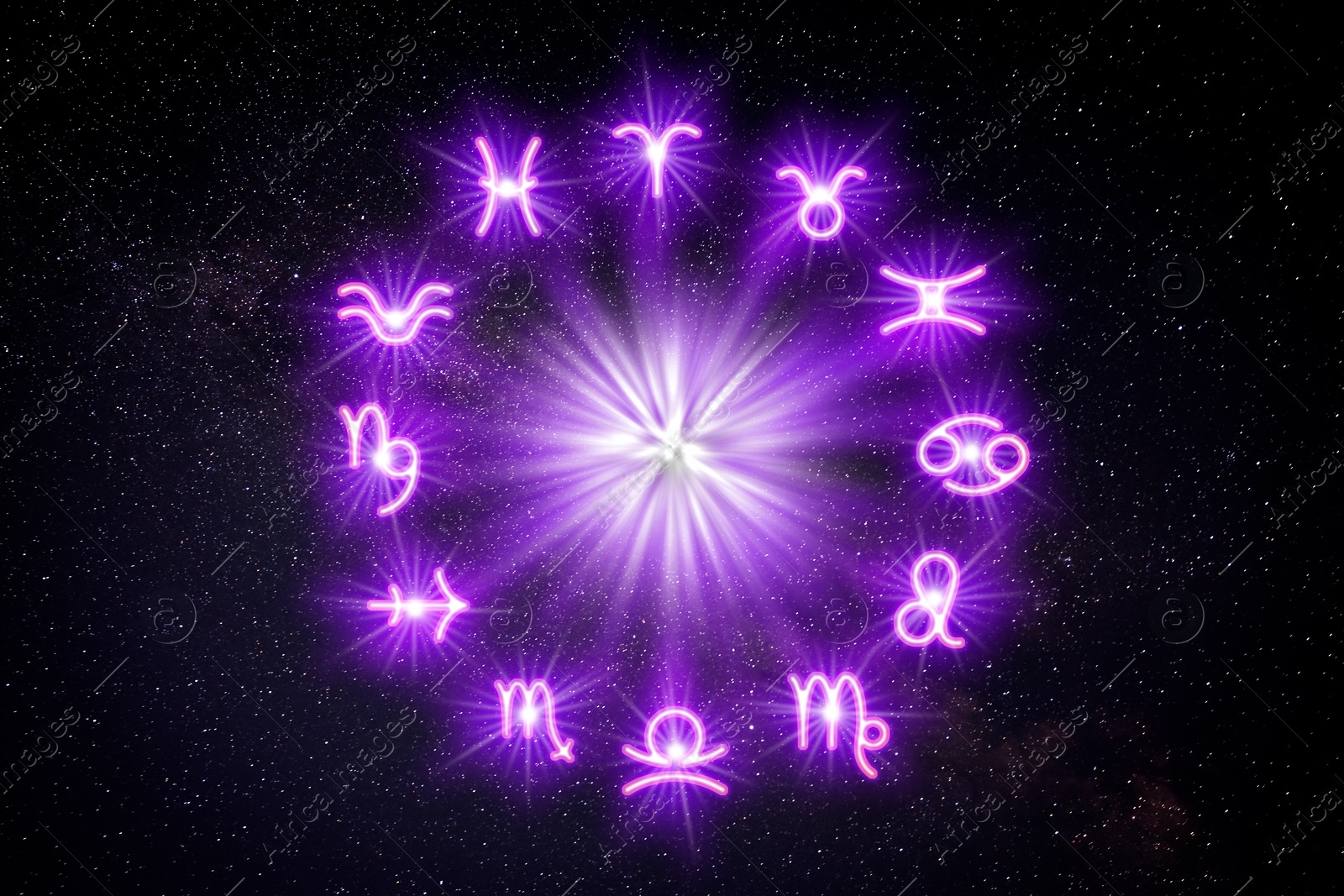 Image of Zodiac wheel with twelve signs on starry sky background. Horoscopic astrology