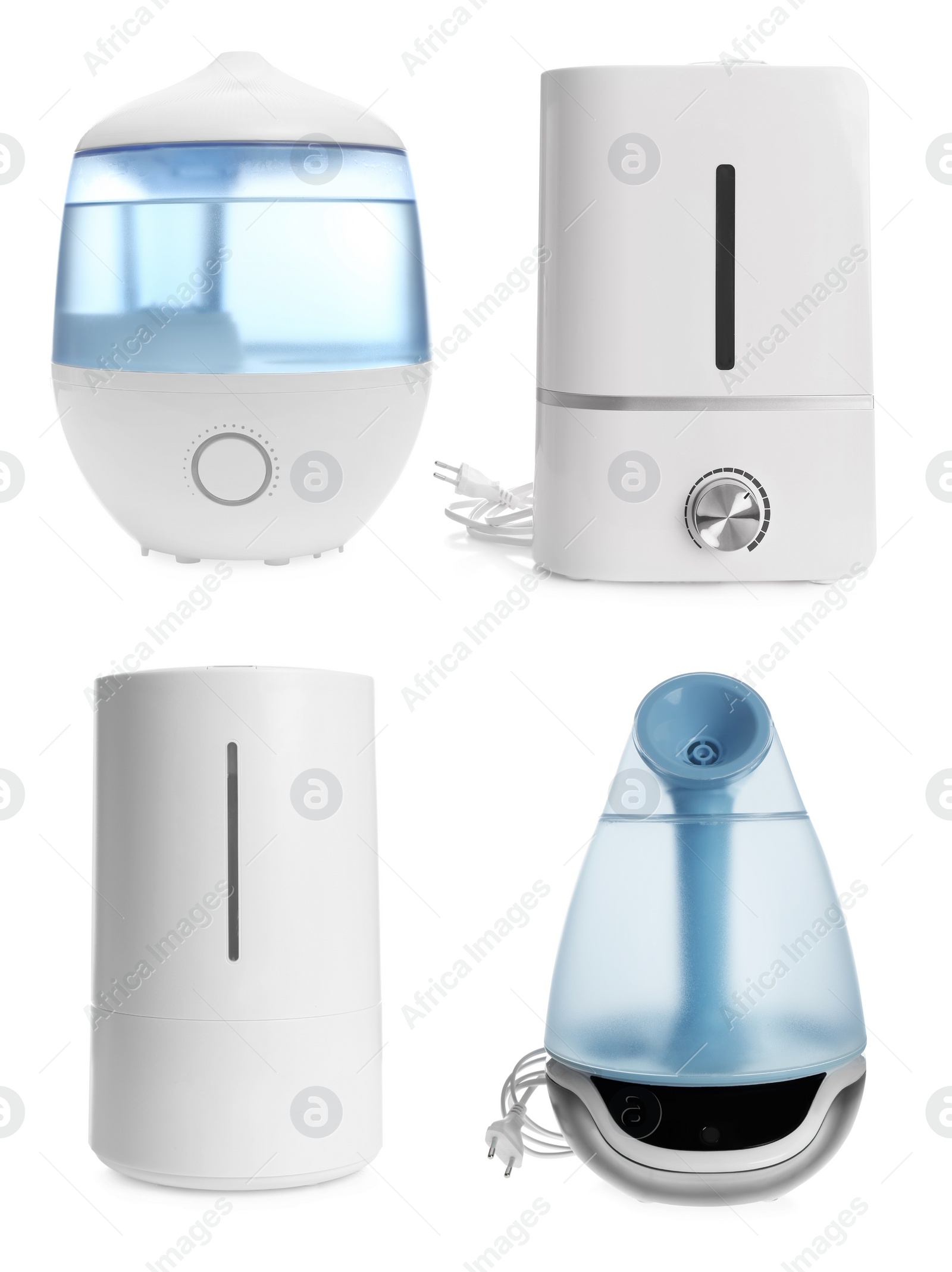 Image of Set of modern air humidifiers on white background