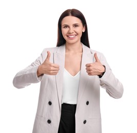 Photo of Beautiful happy businesswoman in suit showing thumbs up on white background