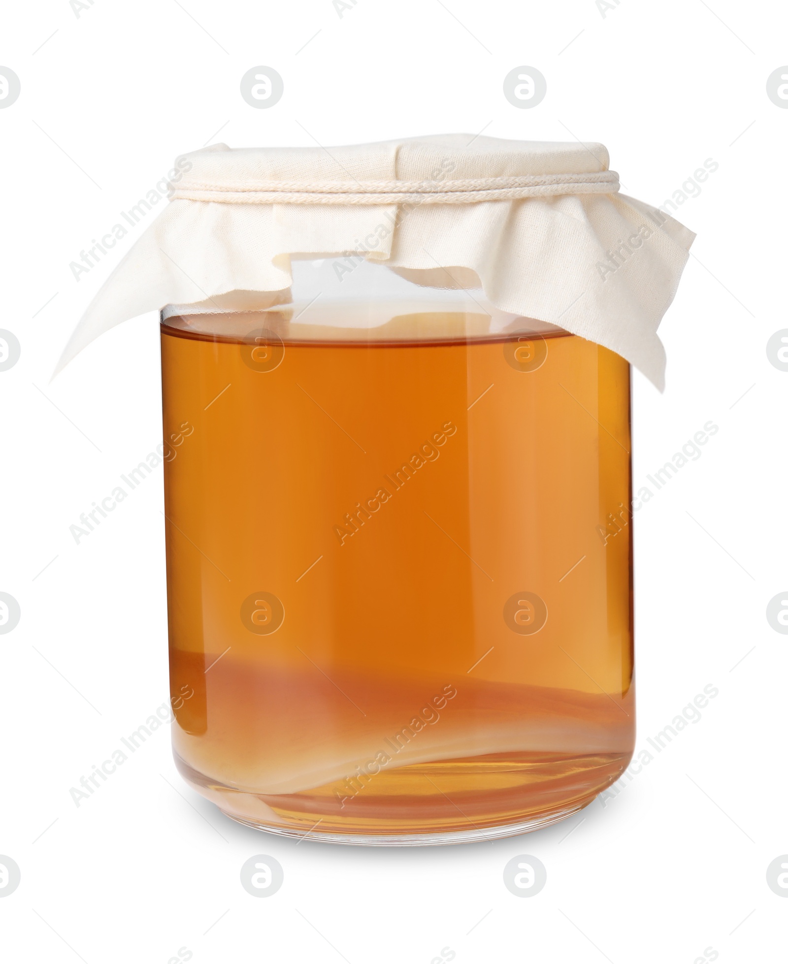 Photo of Tasty kombucha in glass jar isolated on white