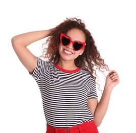 Young beautiful African-American woman wearing heart shaped glasses on white background