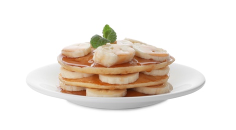 Photo of Plate with delicious pancakes on white background