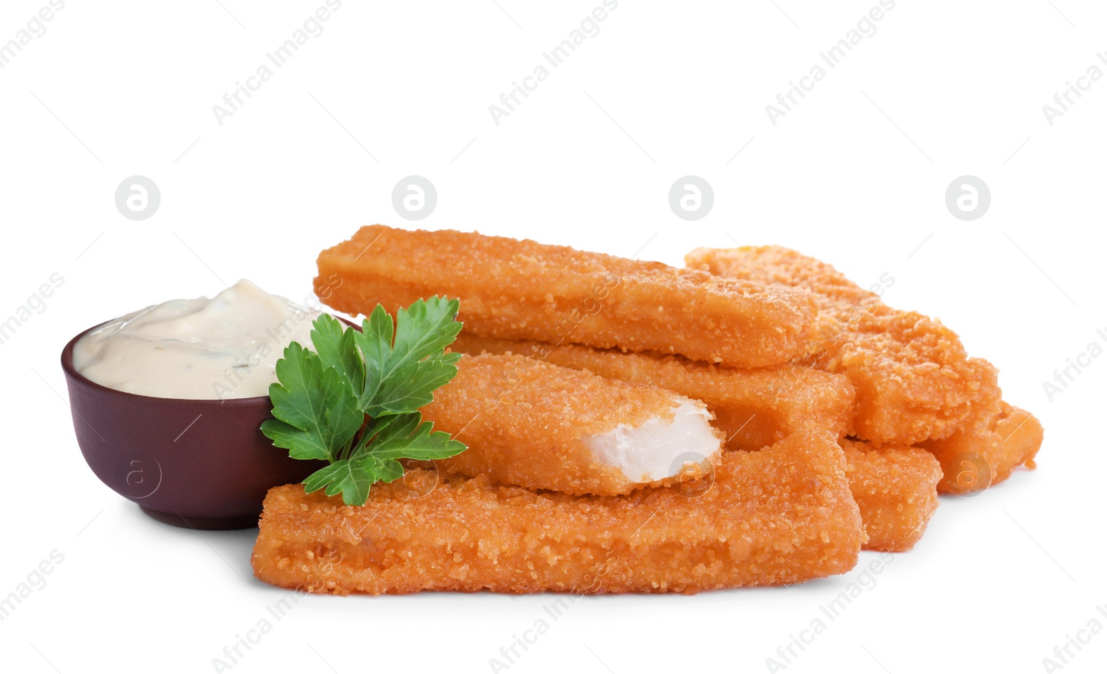 Photo of Fresh breaded fish fingers with parsley and sauce on white background
