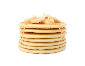 Photo of Delicious pancakes with banana slices and honey isolated on white