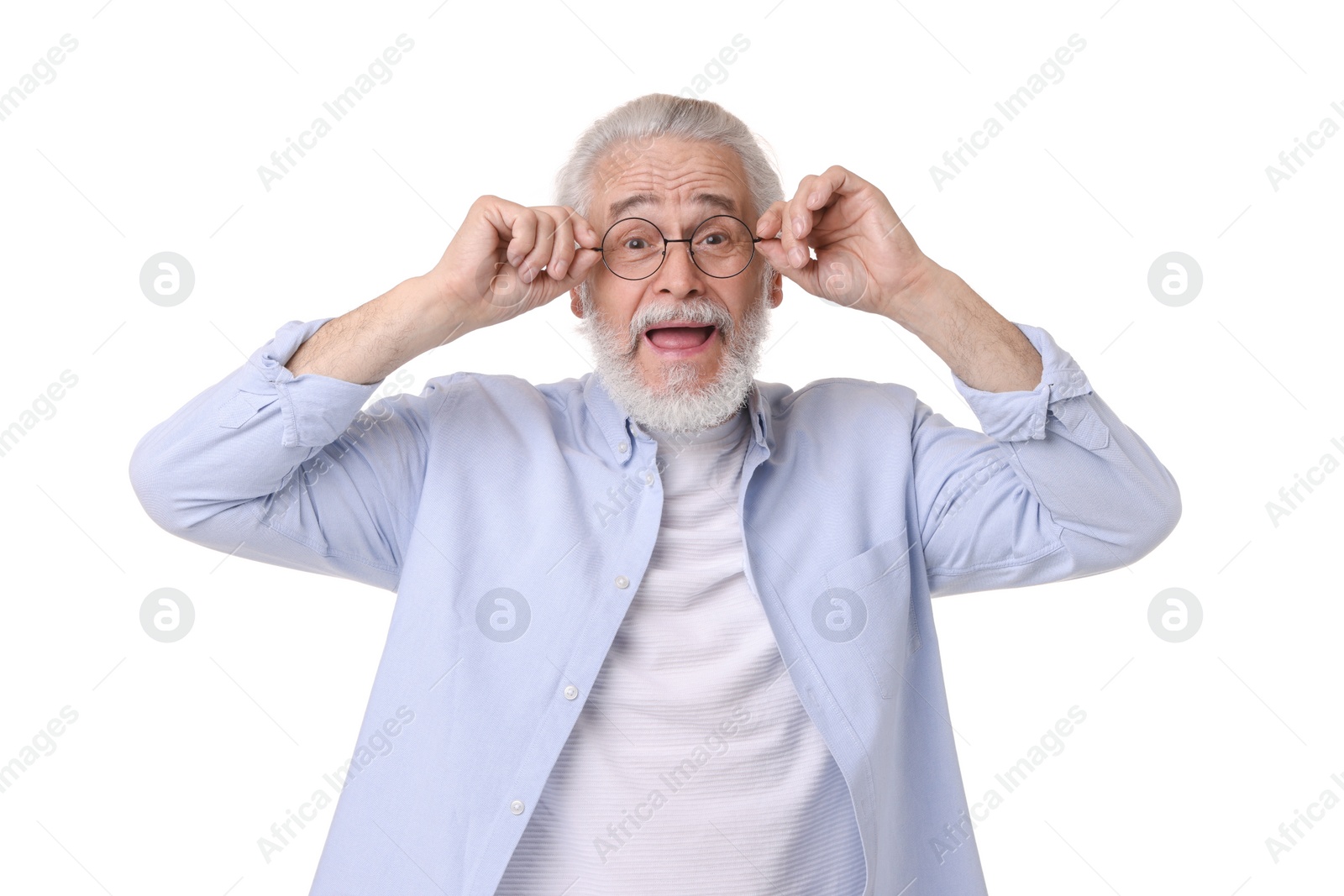 Photo of Portrait of emotional grandpa with glasses on white background