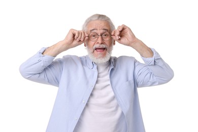 Portrait of emotional grandpa with glasses on white background