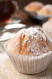 Photo of Tasty muffin powdered with sugar on table, closeup