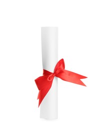 Photo of Rolled student's diploma with red ribbon isolated on white