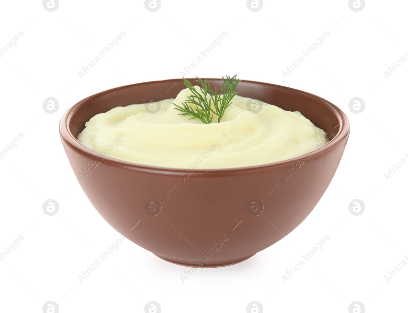 Photo of Bowl with freshly cooked homemade mashed potatoes isolated on white