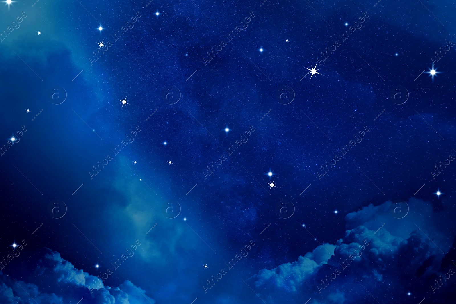 Image of Beautiful view of night sky with clouds and stars