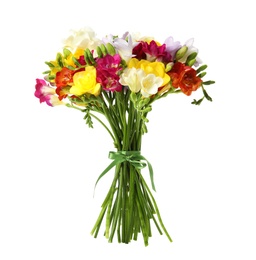 Photo of Bouquet of beautiful freesia flowers isolated on white